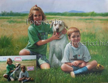 imd022 retrato de niños y mascota Pinturas al óleo